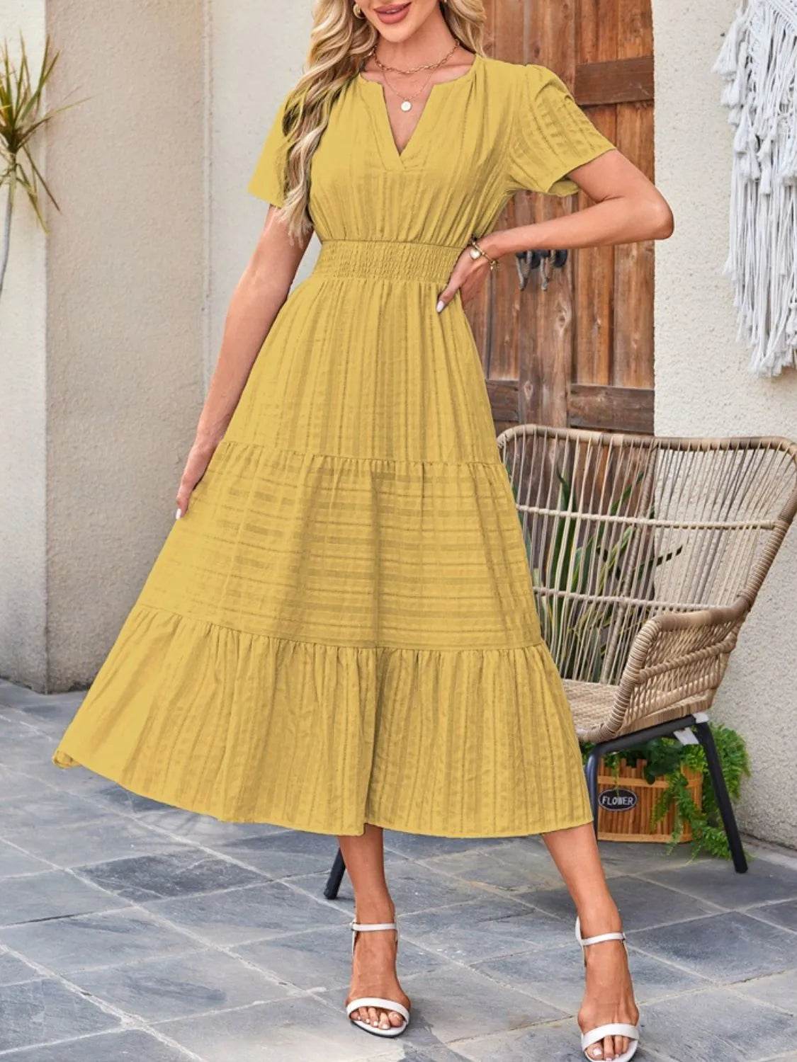 Tiered Notched Short Sleeve Dress - Bona Fide Fashion