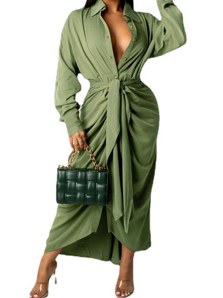 Solid Color Sexy Crossover Wrapped Long Sleeve Dress HW56V5BHCQ