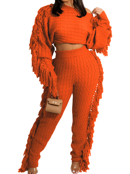 New Women's Casual Solid Knitted Long Sleeve Tassel Set HWWKP3LDYP