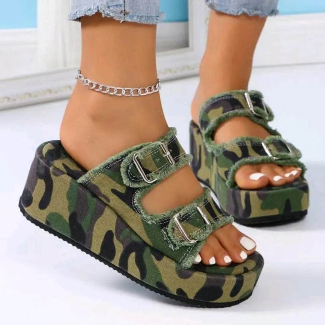 Raw Hem Wedge Buckle Sandals - Bona Fide Fashion