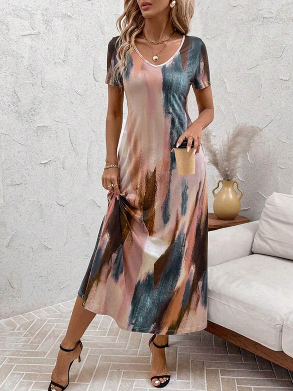 Tie-Dye V-Neck Short Sleeve Midi Tee Dress - Bona Fide Fashion