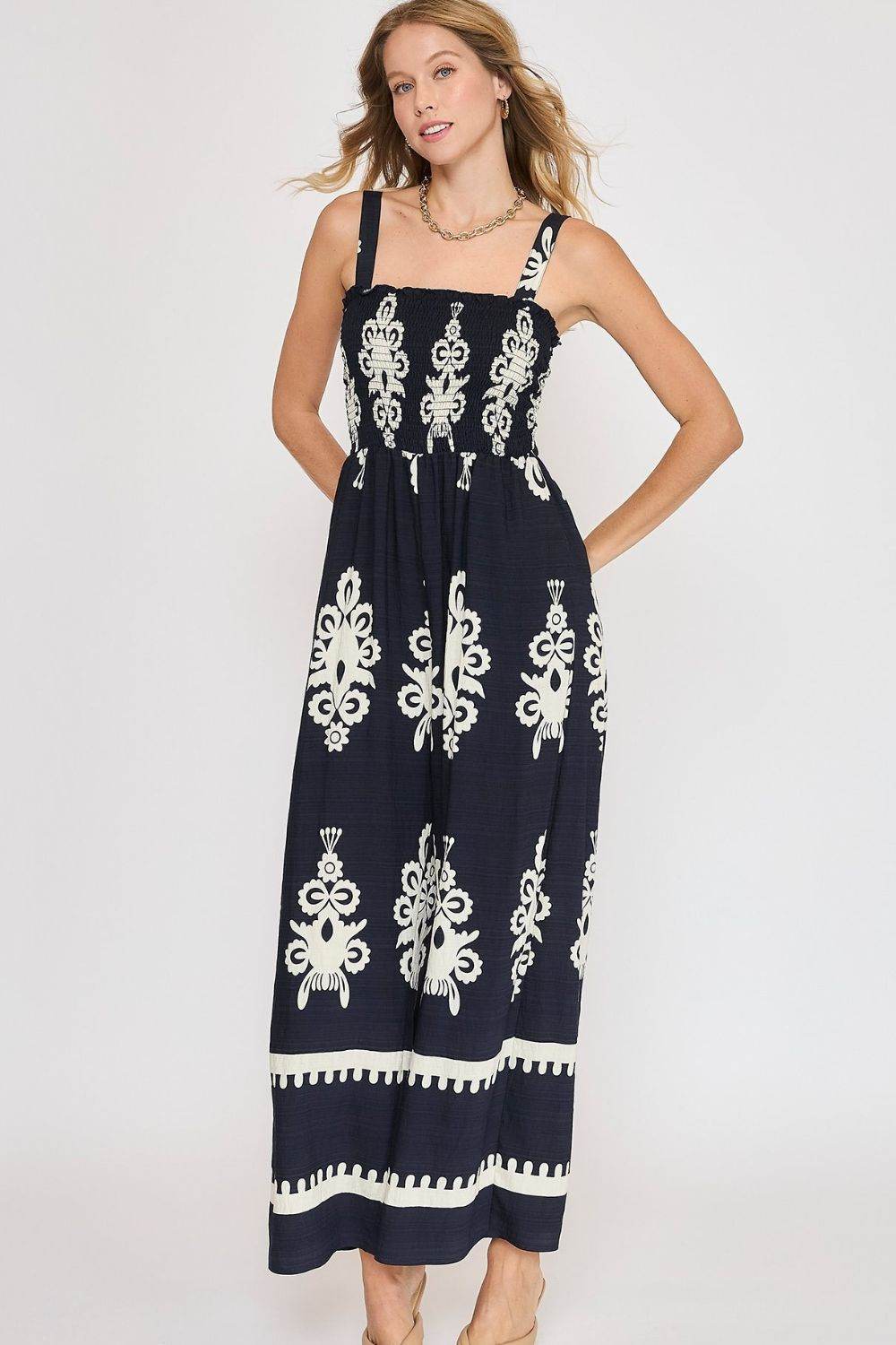 Umgee Full Size Smocked Printed Wide Leg Jumpsuit Plus Size - Bona Fide Fashion
