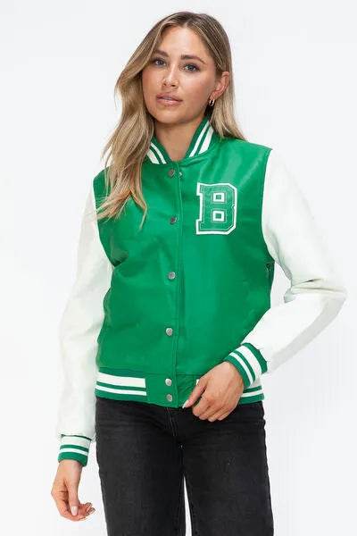 Love Me Now PU Leather Contrast Snap Down Bomber Jacket - Bona Fide Fashion