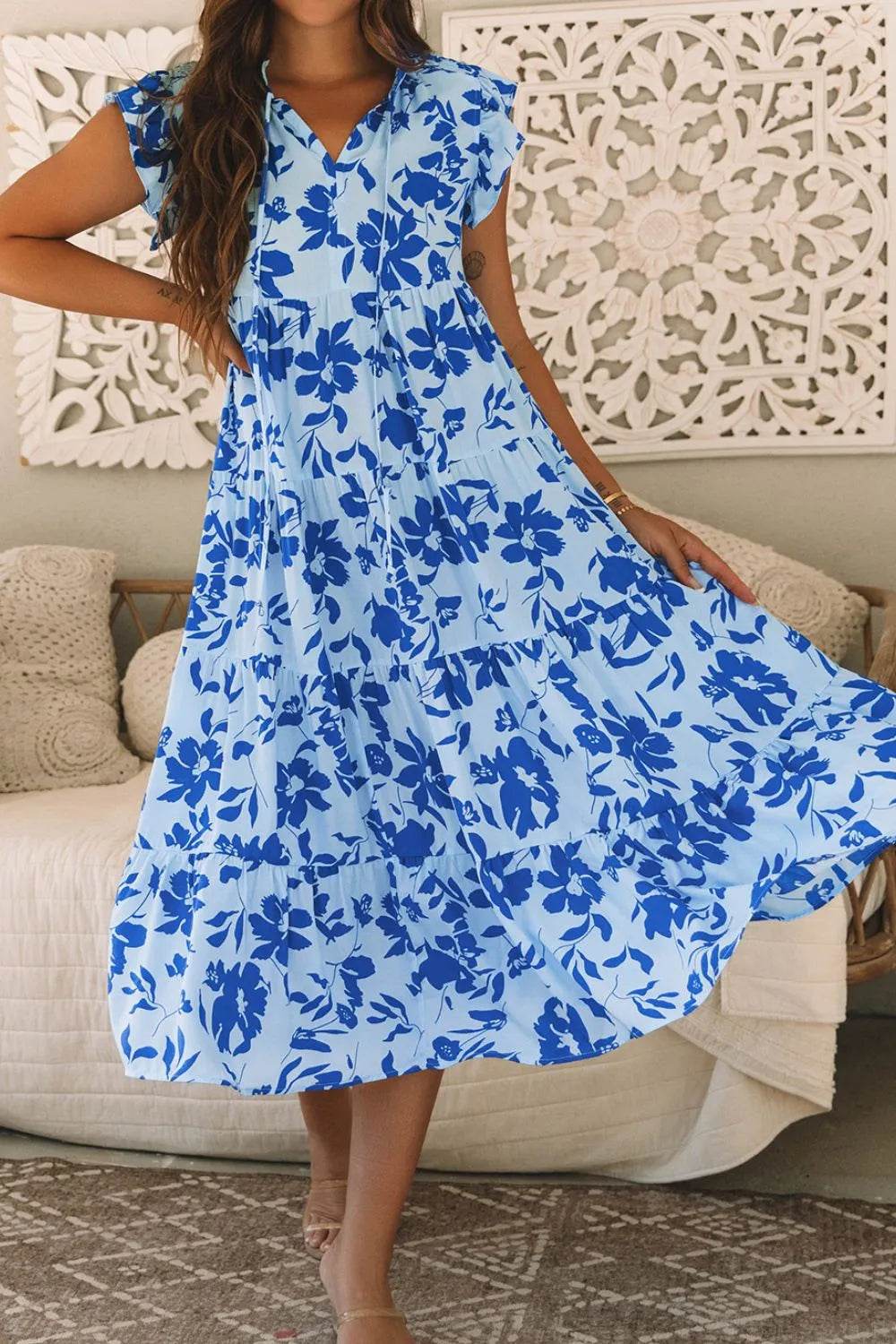 Floral Print Tiered Frilled Trim Flutter Sleeve Dress - Bona Fide Fashion