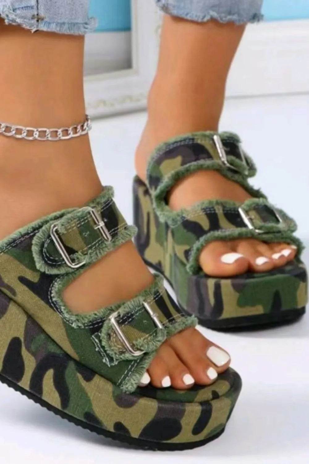 Raw Hem Wedge Buckle Sandals - Bona Fide Fashion