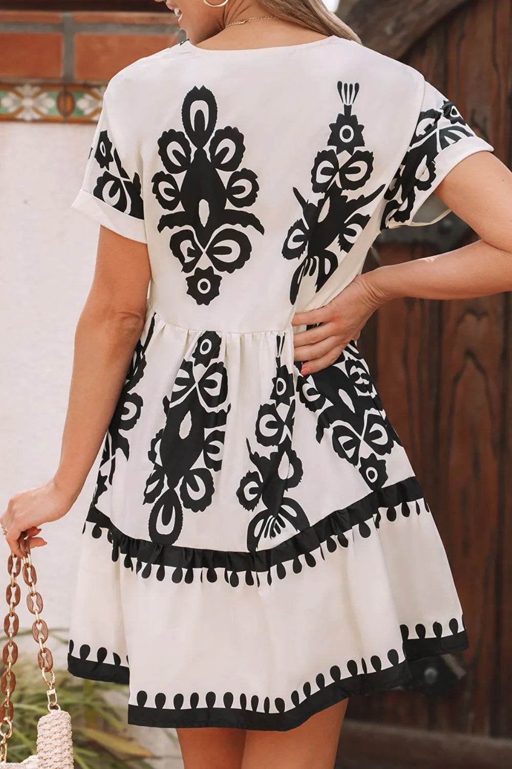 Printed V-Neck Short Sleeve Dress - Bona Fide Fashion