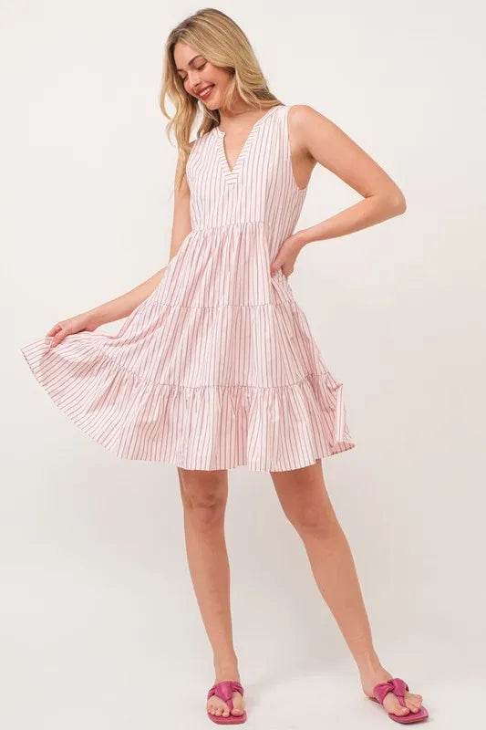 Lime 'N' Chili Striped Sleeveless V-Neck Tiered Dress - Bona Fide Fashion