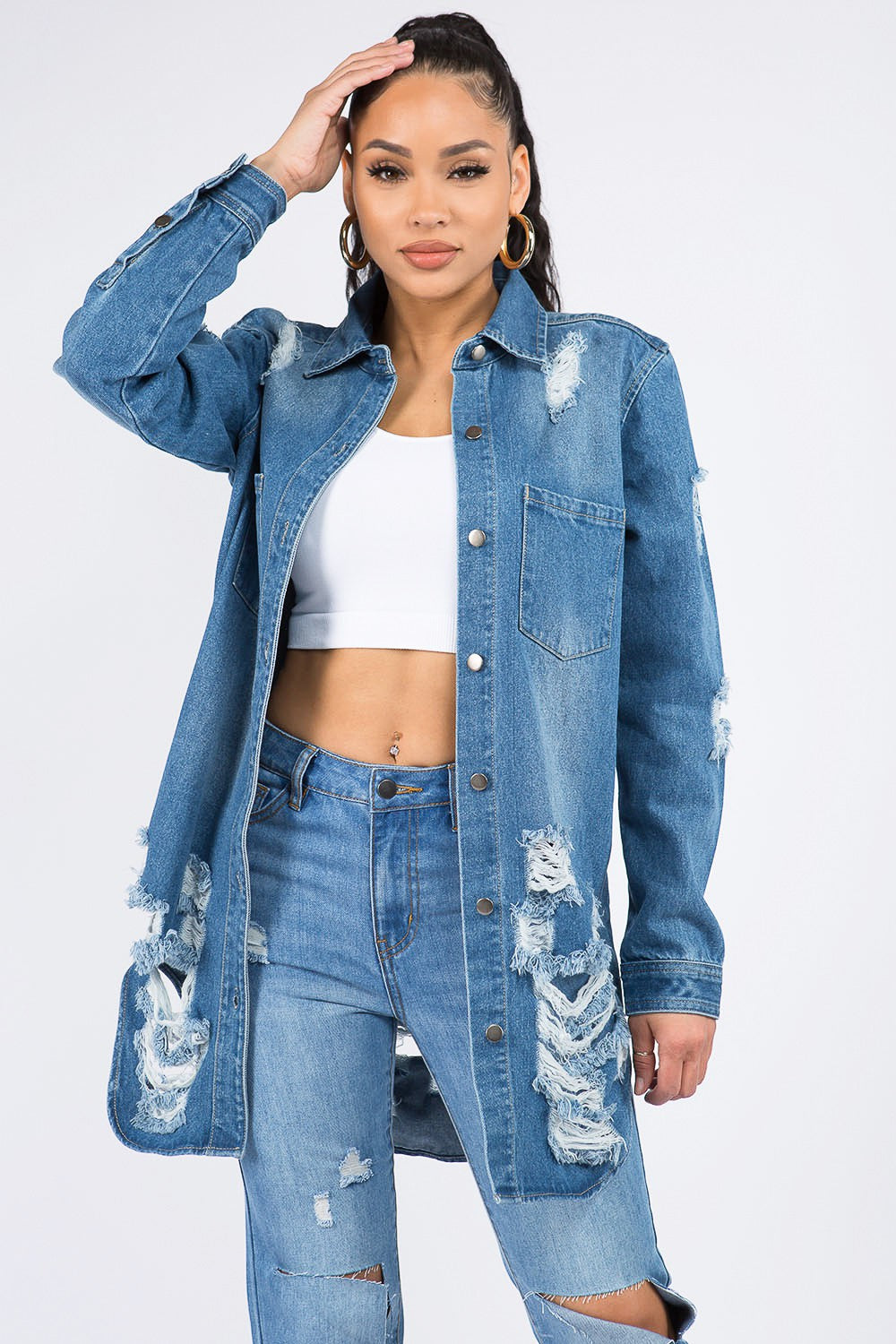 Denim Shirt Jacket | American Bazi Distressed Button Down - Bona Fide Fashion