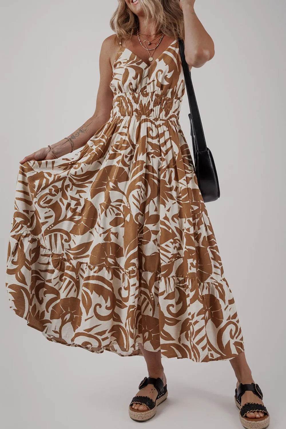 Floral Shirred High Waist Spaghetti Straps Dress - Bona Fide Fashion