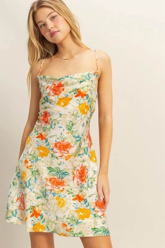 HYFVE Floral Cowl Neck Flirty Satin Mini Dress - Bona Fide Fashion