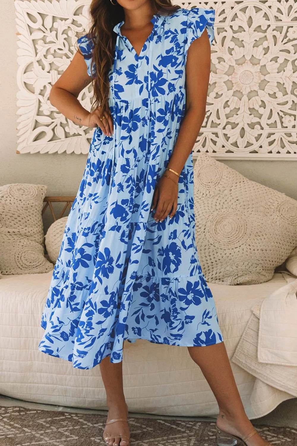 Floral Print Tiered Frilled Trim Flutter Sleeve Dress - Bona Fide Fashion