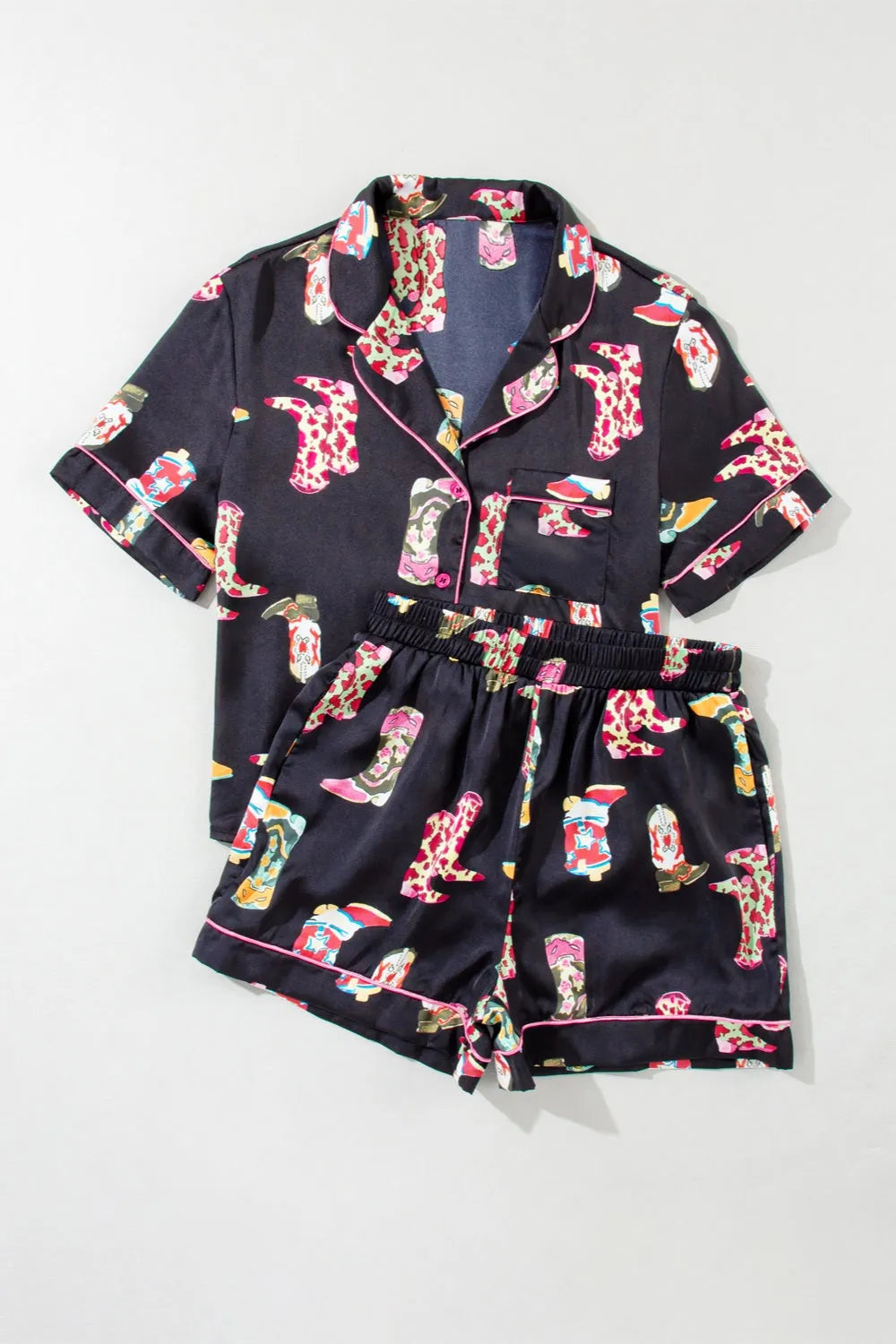 Printed Button Up Short Sleeve and Shorts Lounge Set