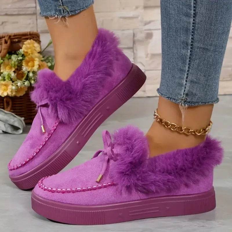 Bow Furry Round Toe Flat Slip-Ons - Bona Fide Fashion