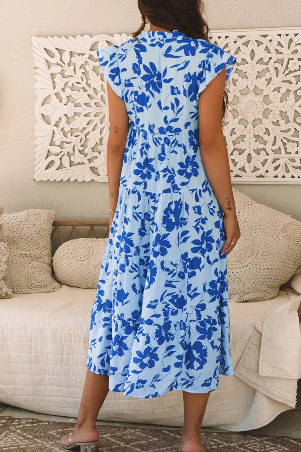 Floral Print Tiered Frilled Trim Flutter Sleeve Dress - Bona Fide Fashion