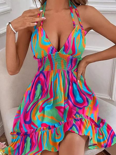 Deep V Neck Halter Printed Backless Dresses HEHEZ54W29