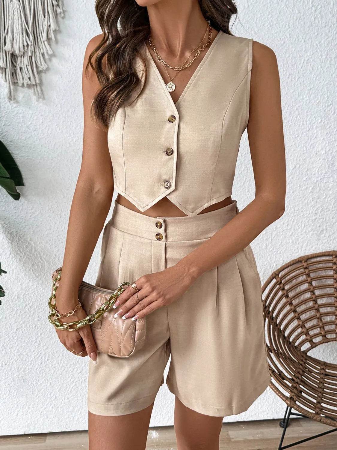 V-Neck Vest and Shorts Set - Bona Fide Fashion