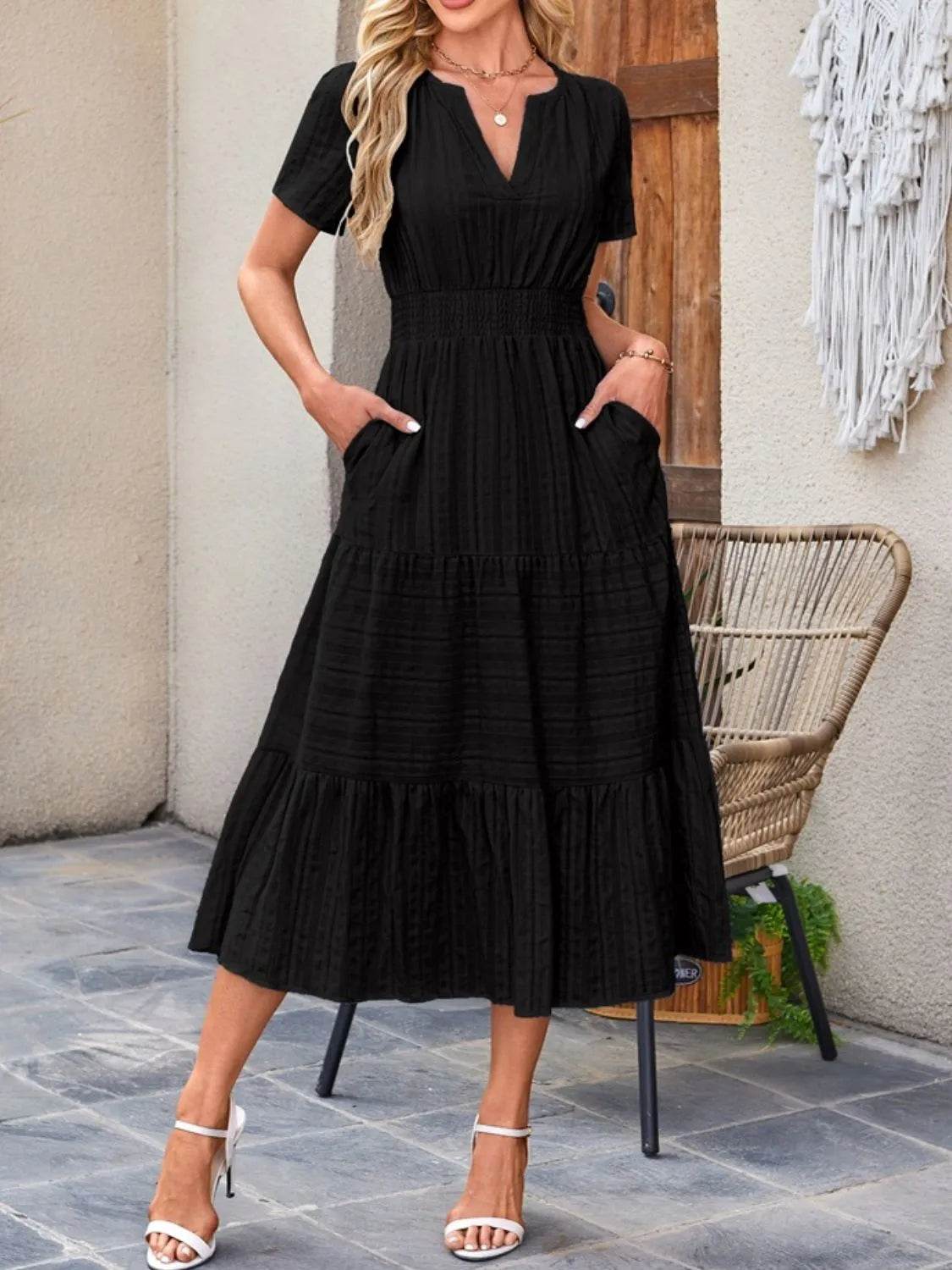 Tiered Notched Short Sleeve Dress - Bona Fide Fashion