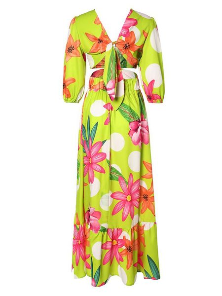 Women's Printed V Neck Puff Sleeve Hollow Out Dress with Slit HEH7RZ5TLR