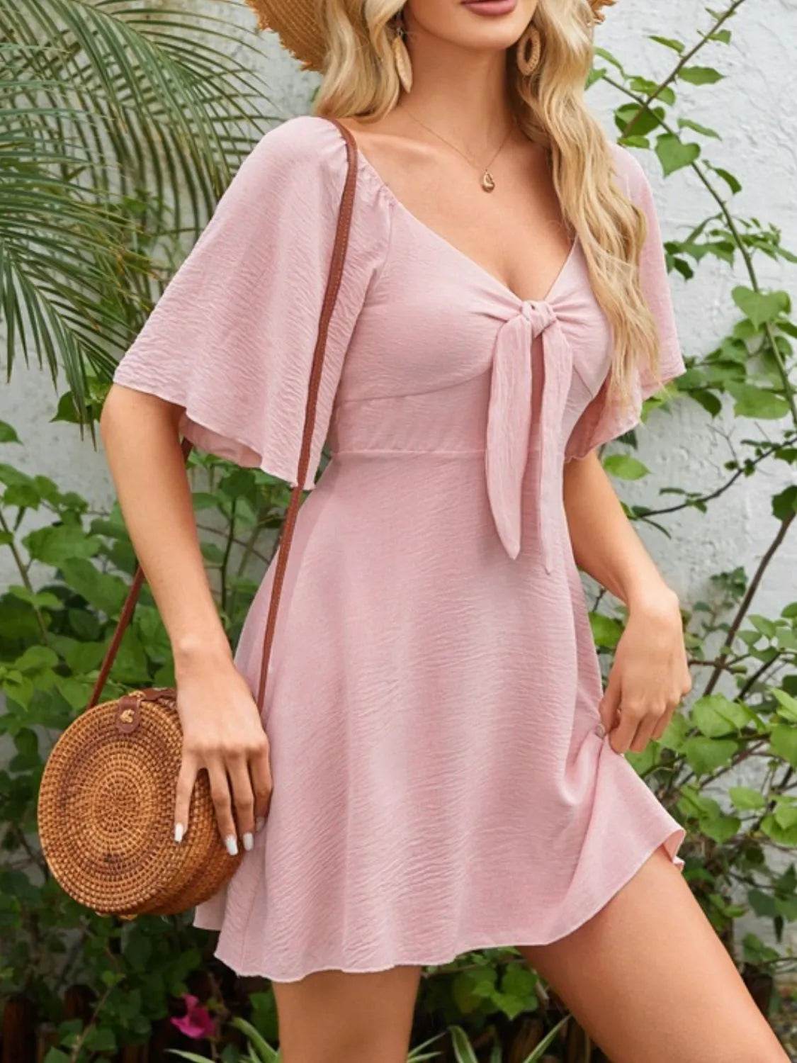 Smocked Back Knotted Flutter Sleeve Dress - Bona Fide Fashion