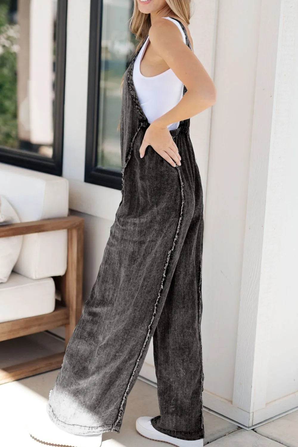 Frayed Exposed Seam Wide Leg Denim Overalls - Bona Fide Fashion