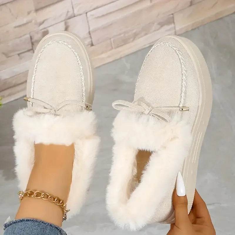 Bow Furry Round Toe Flat Slip-Ons - Bona Fide Fashion