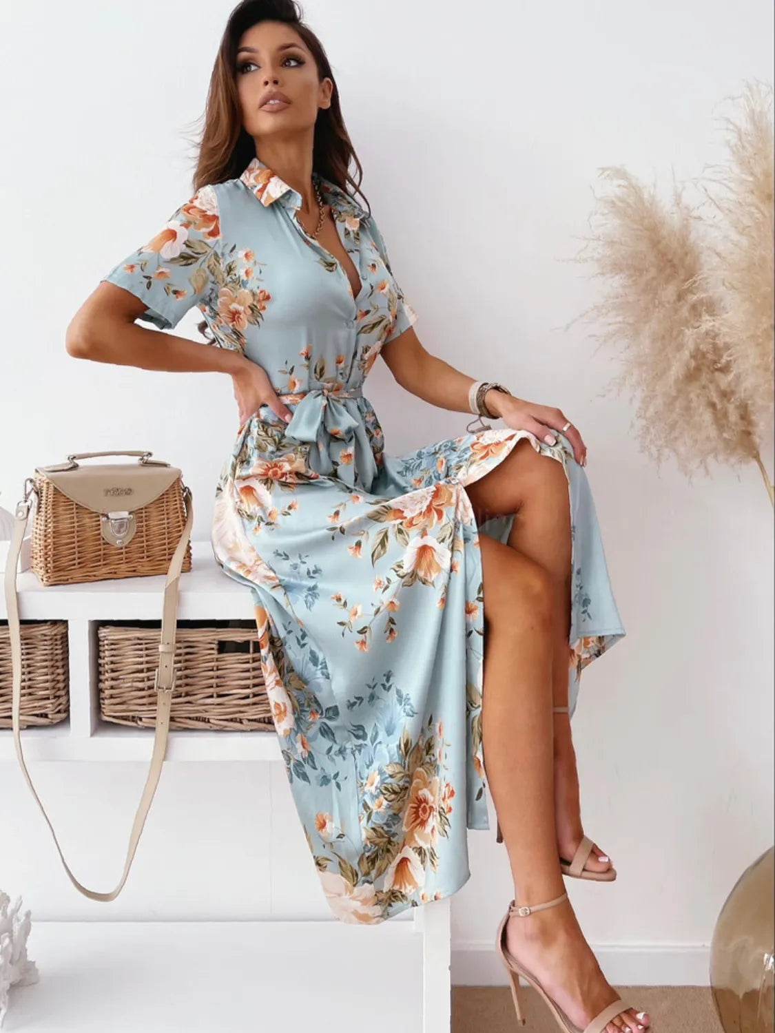 Printed Tie Waist Short Sleeve Midi Shirt Dress - Bona Fide Fashion