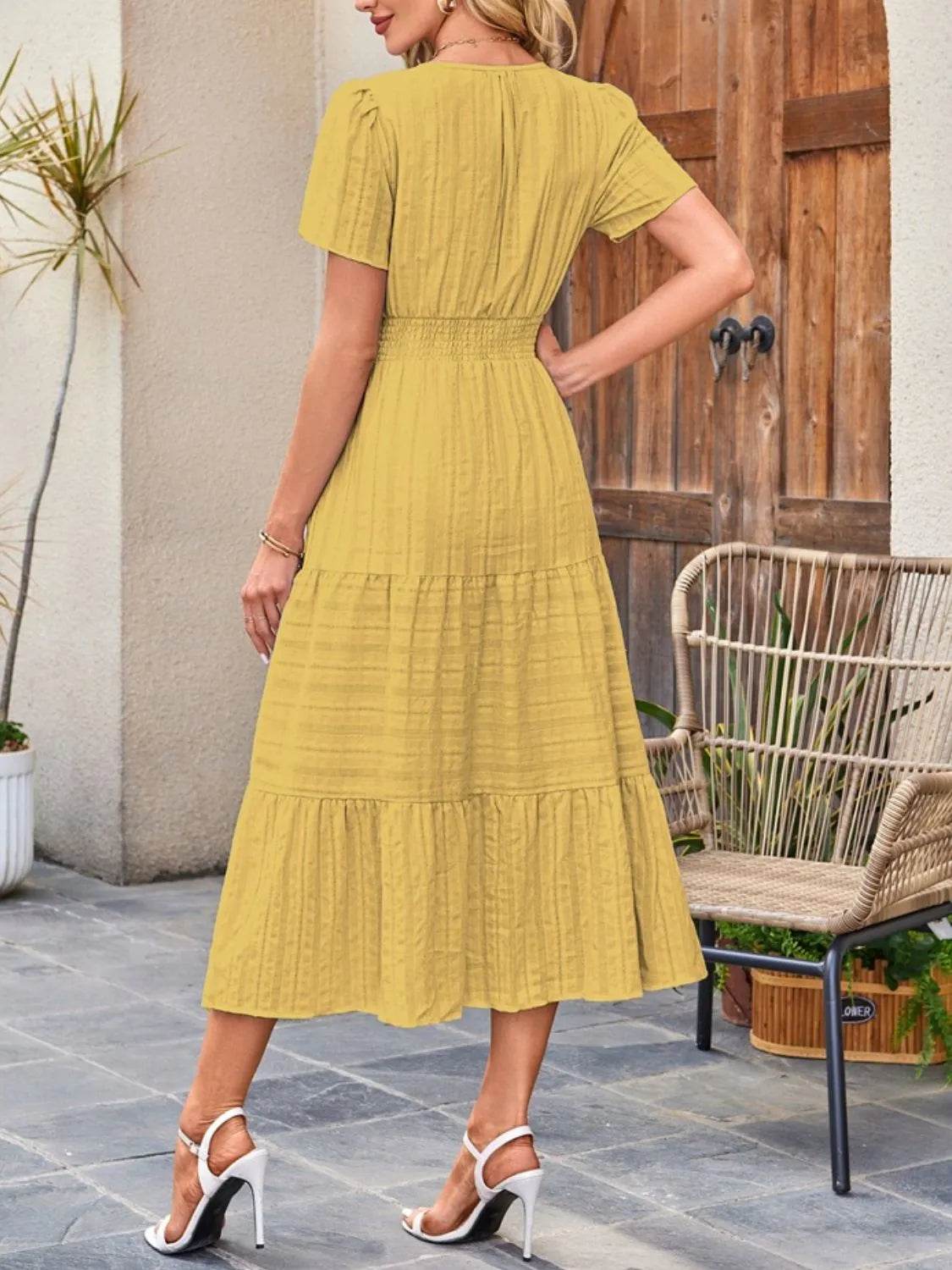 Tiered Notched Short Sleeve Dress - Bona Fide Fashion