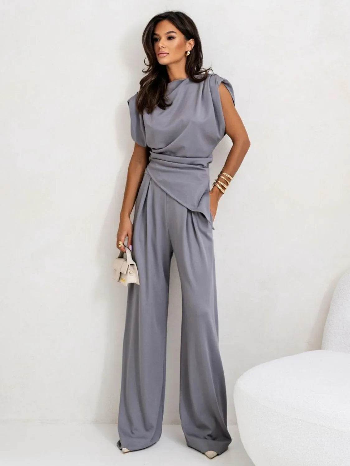 Slit Ruched Top and Wide Leg Pants Set - Bona Fide Fashion