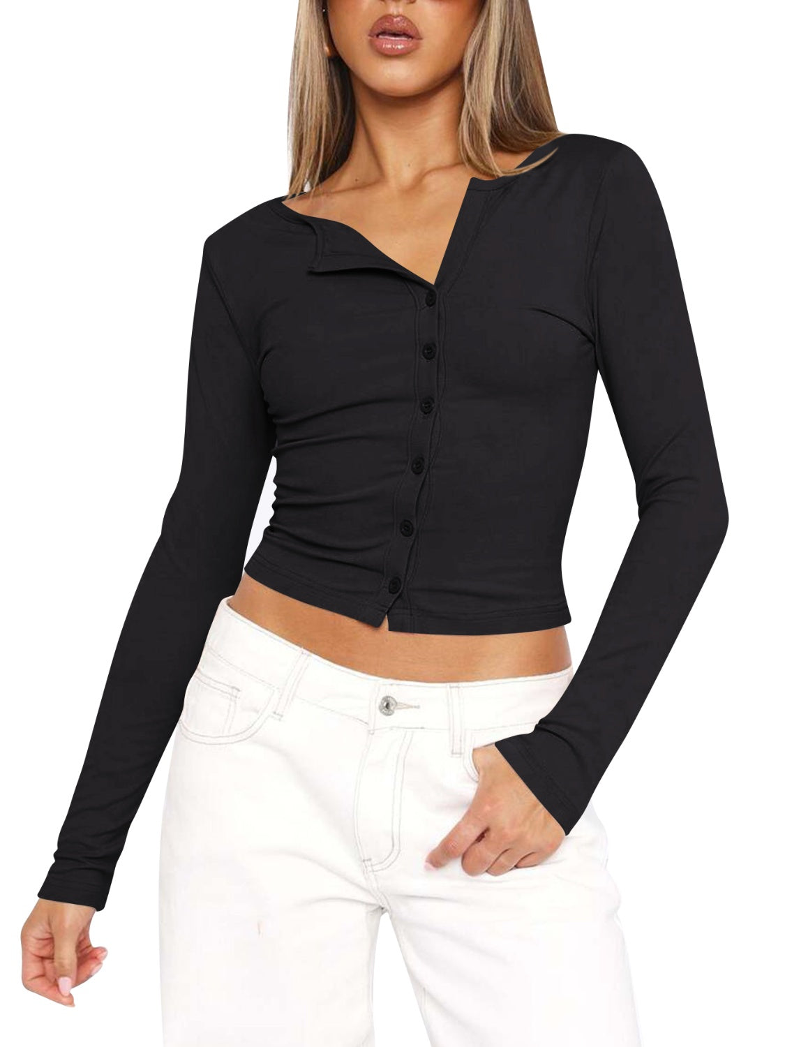 Lovelet Button Up Round Neck Long Sleeve T-Shirt