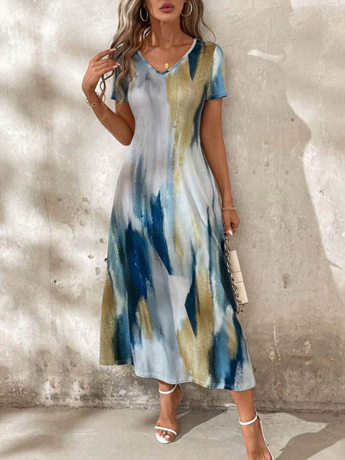 Tie-Dye V-Neck Short Sleeve Midi Tee Dress - Bona Fide Fashion