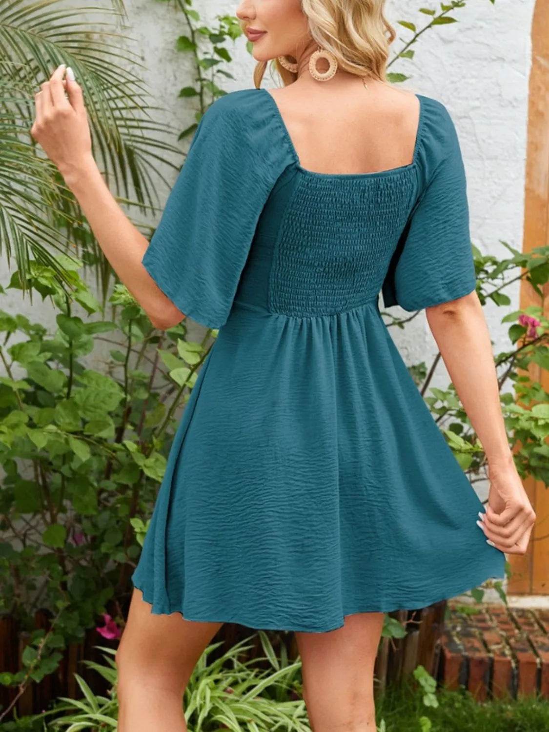 Smocked Back Knotted Flutter Sleeve Dress - Bona Fide Fashion