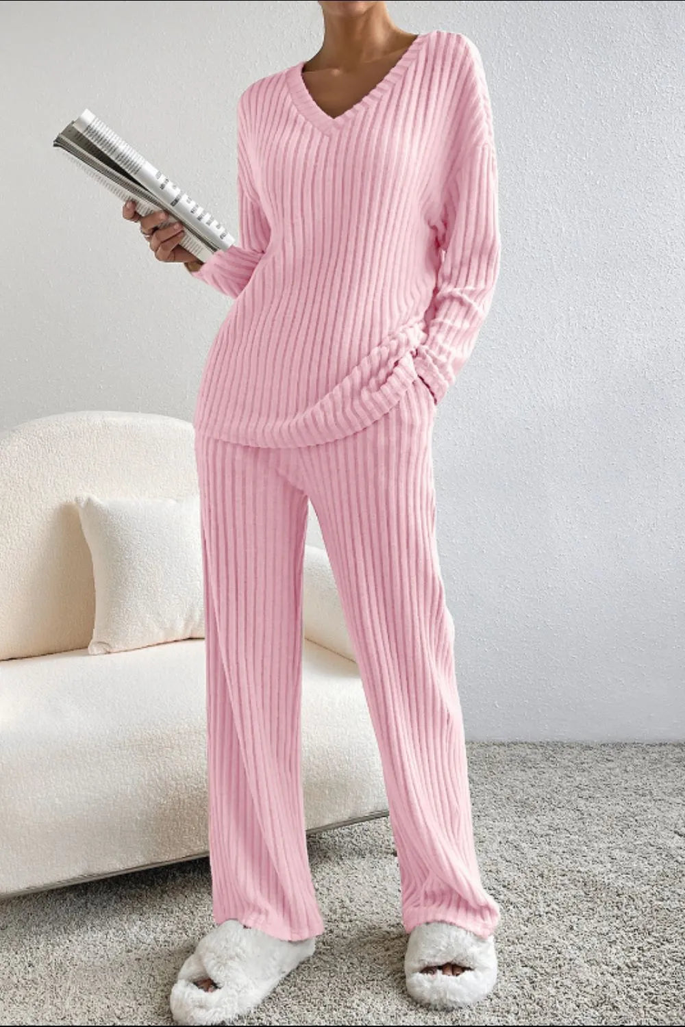 Ribbed V-Neck and Pants Lounge Set