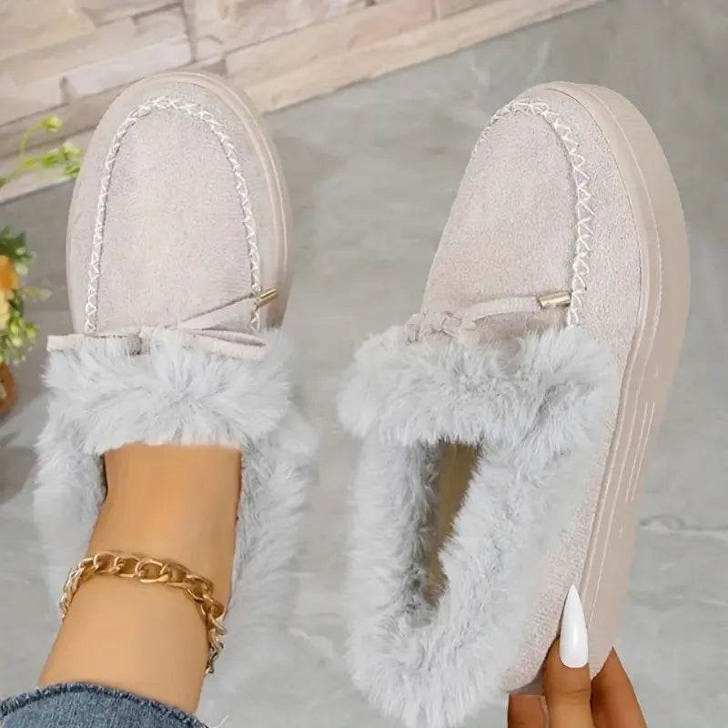 Bow Furry Round Toe Flat Slip-Ons - Bona Fide Fashion