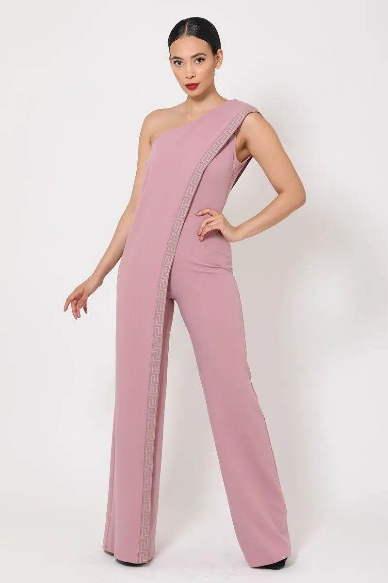 One Shoulder Greek Border Pattern Jumpsuit - Bona Fide Fashion