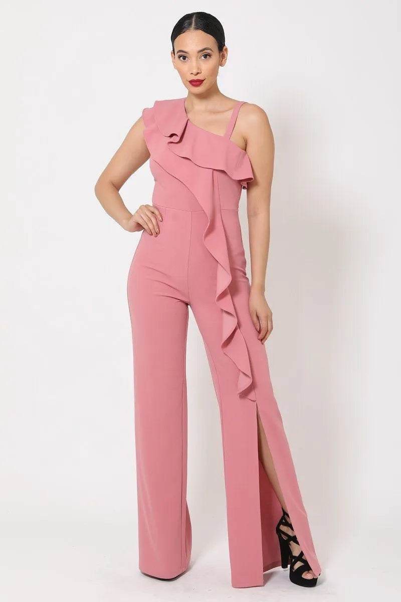 One Shoulder Ruffle Jumpsuit - Bona Fide Fashion