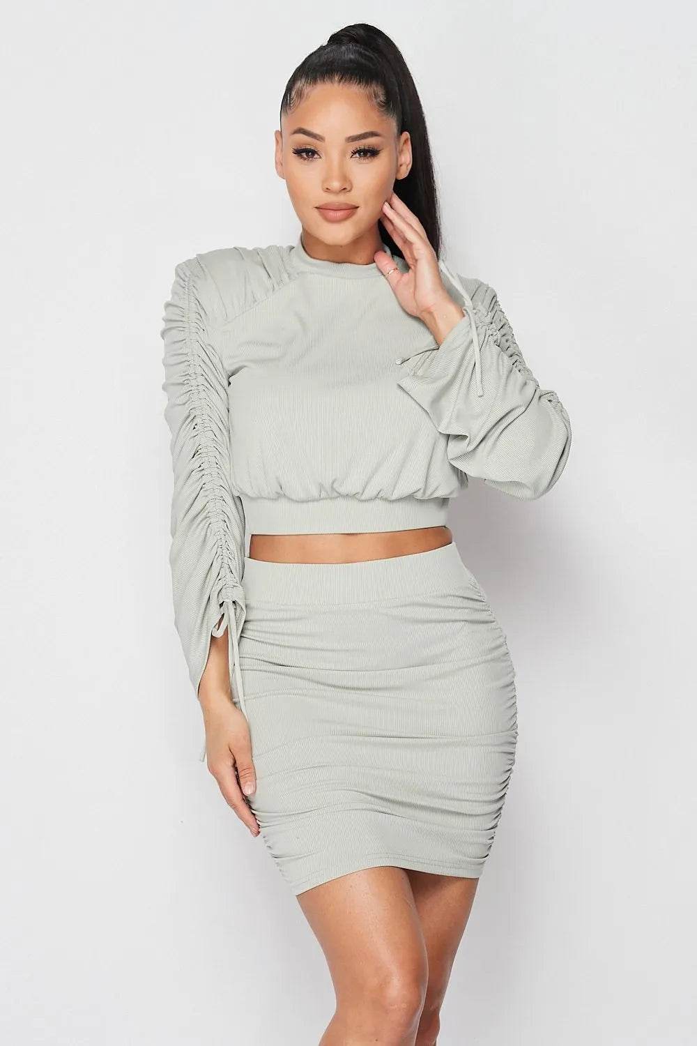 Ruched Long Sleeve And Skirt Set - Bona Fide Fashion