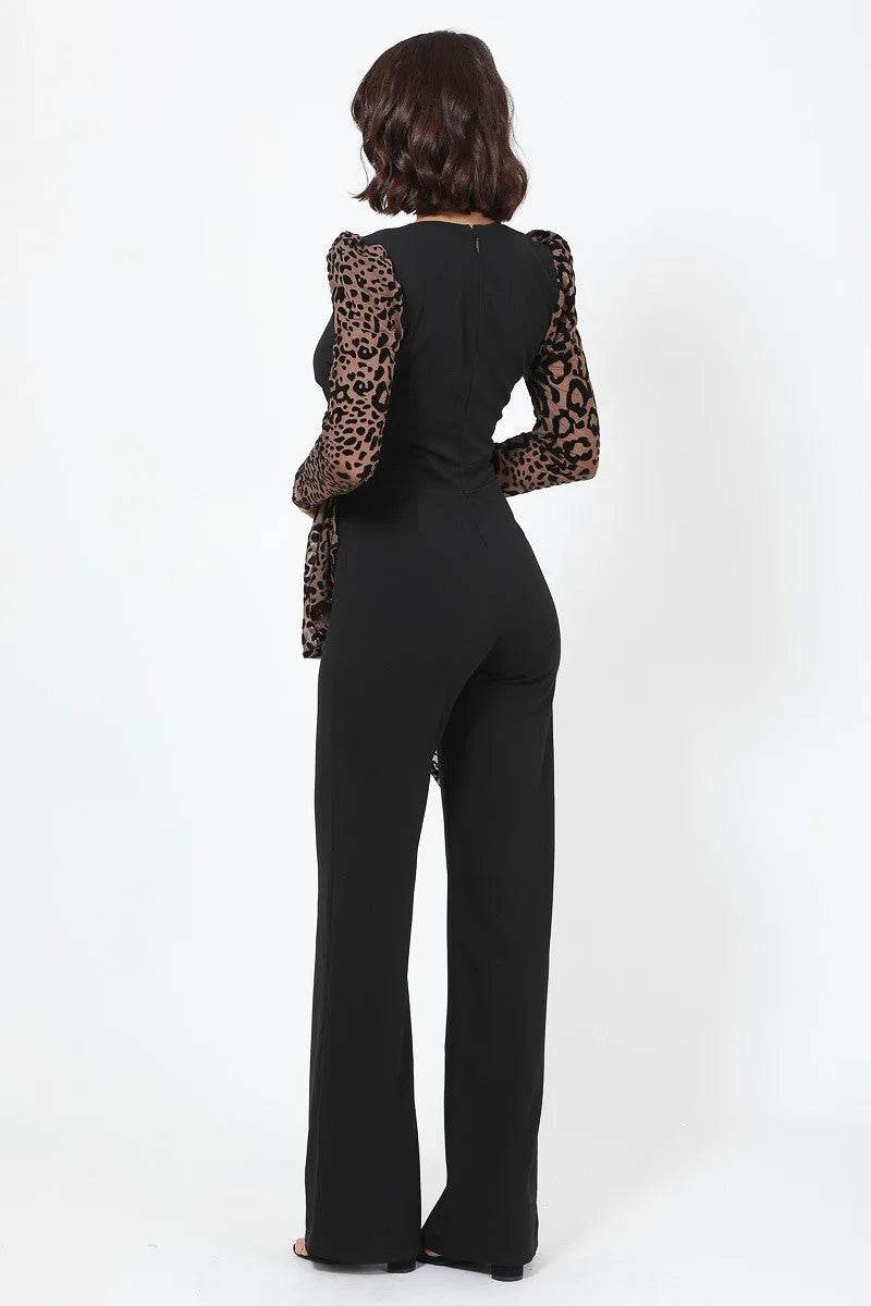 Plunging V Buckle Detail Leopard Jumpsuit - Bona Fide Fashion