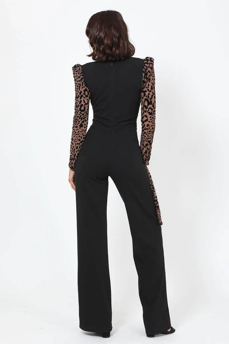 Plunging V Buckle Detail Leopard Jumpsuit - Bona Fide Fashion