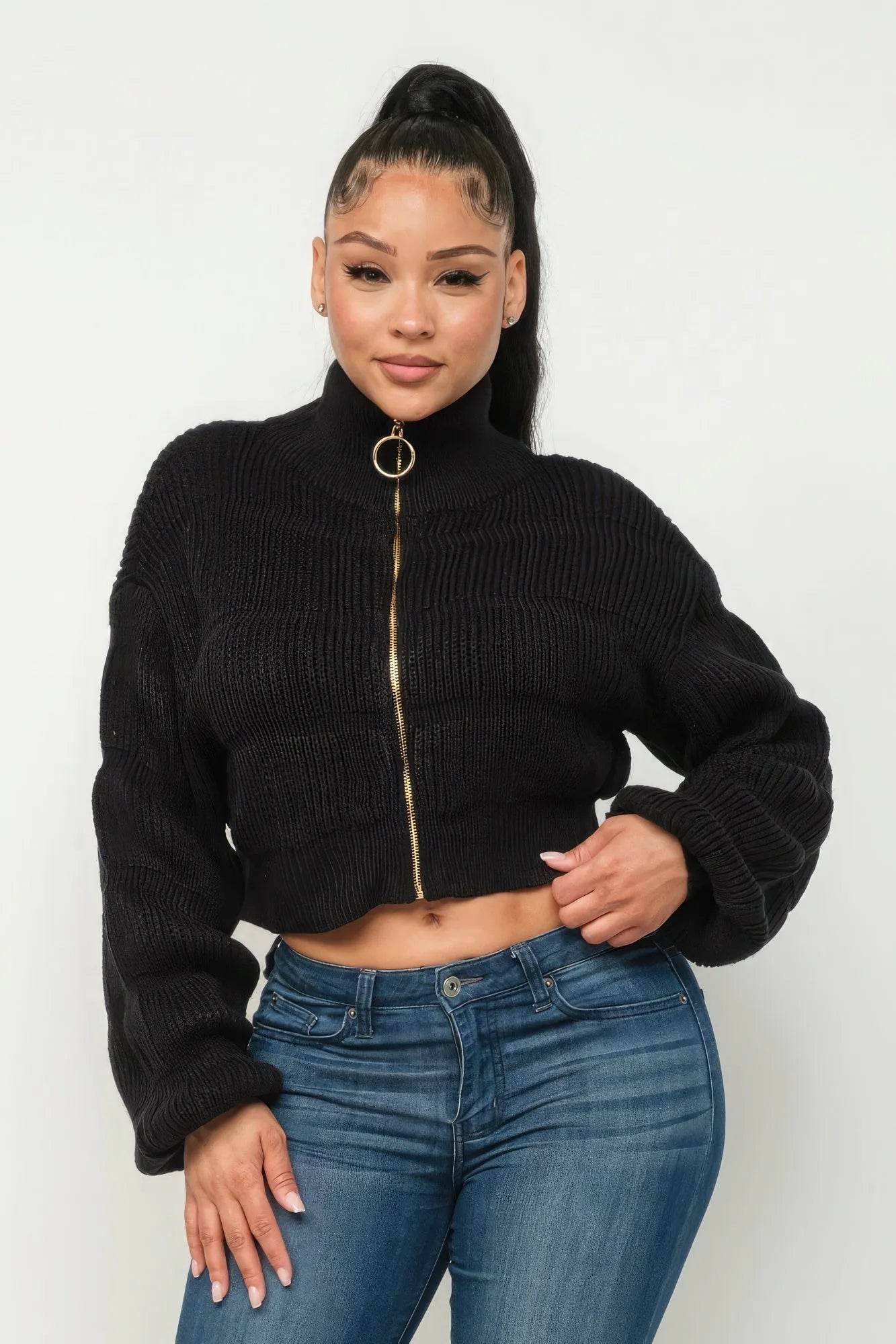 Michelin Sweater Top W/ Front Zipper - Bona Fide Fashion