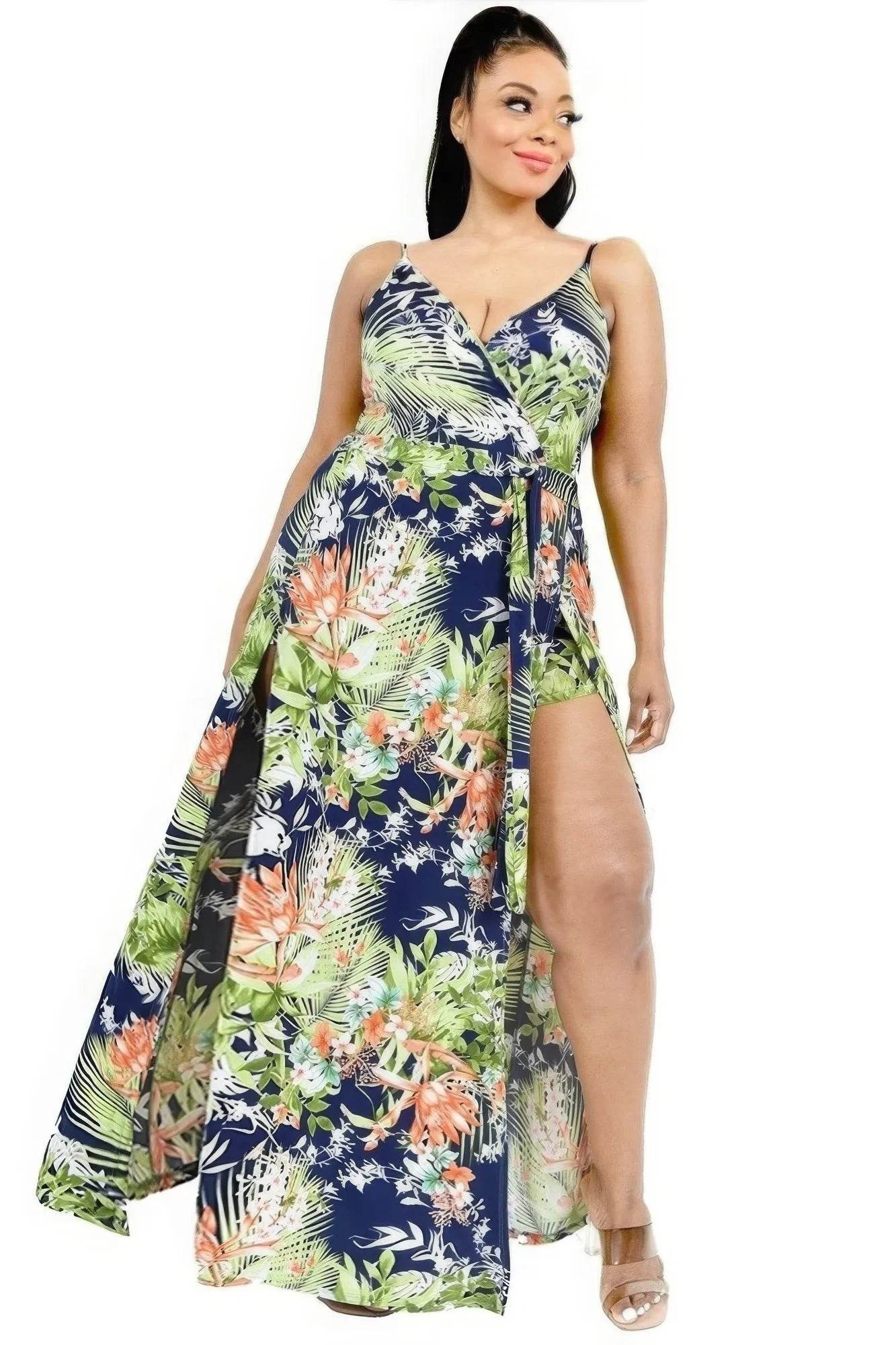 Plus Tropical Leaf Print Surplice Maxi Dress - Bona Fide Fashion