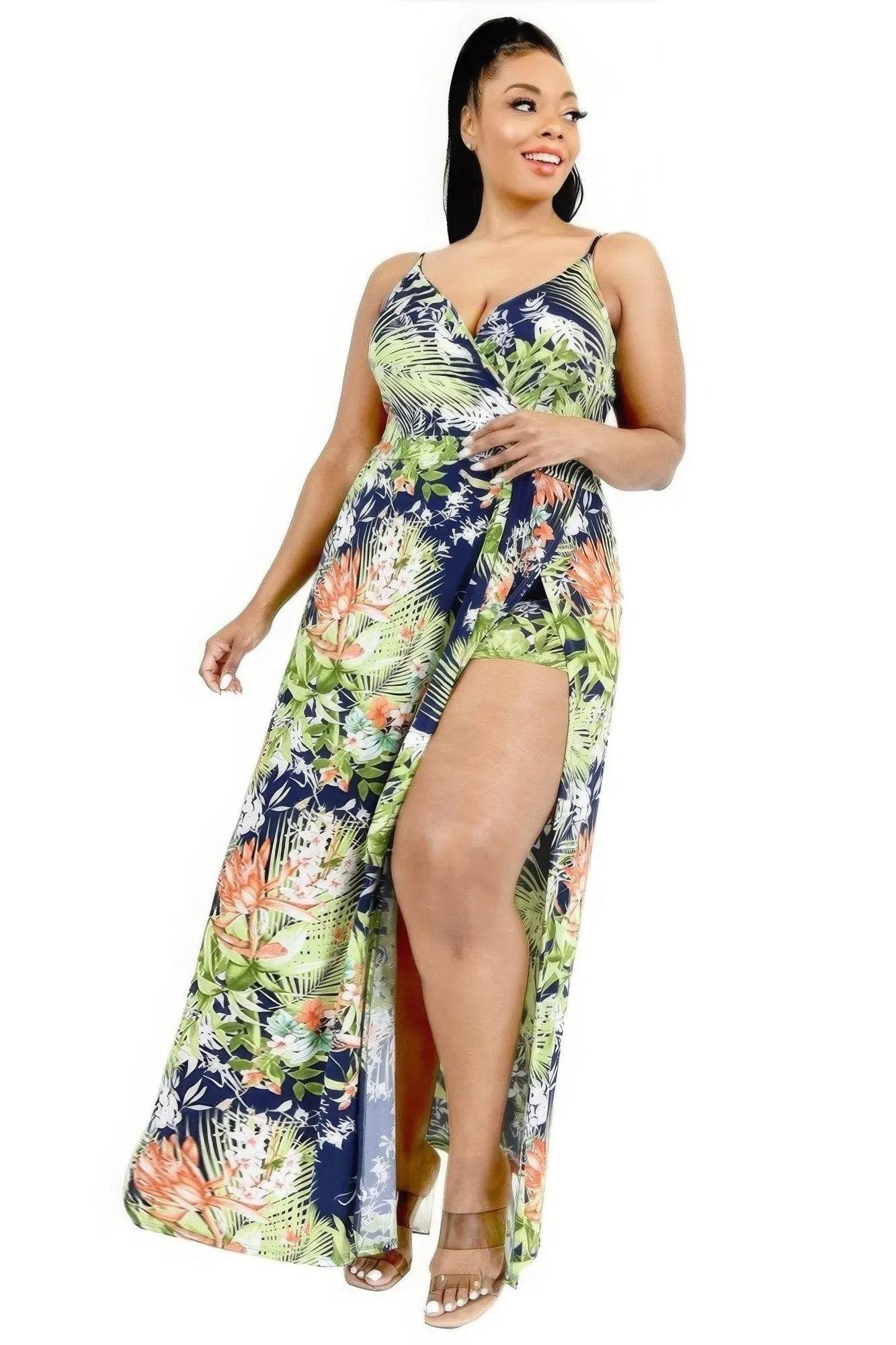 Plus Tropical Leaf Print Surplice Maxi Dress - Bona Fide Fashion