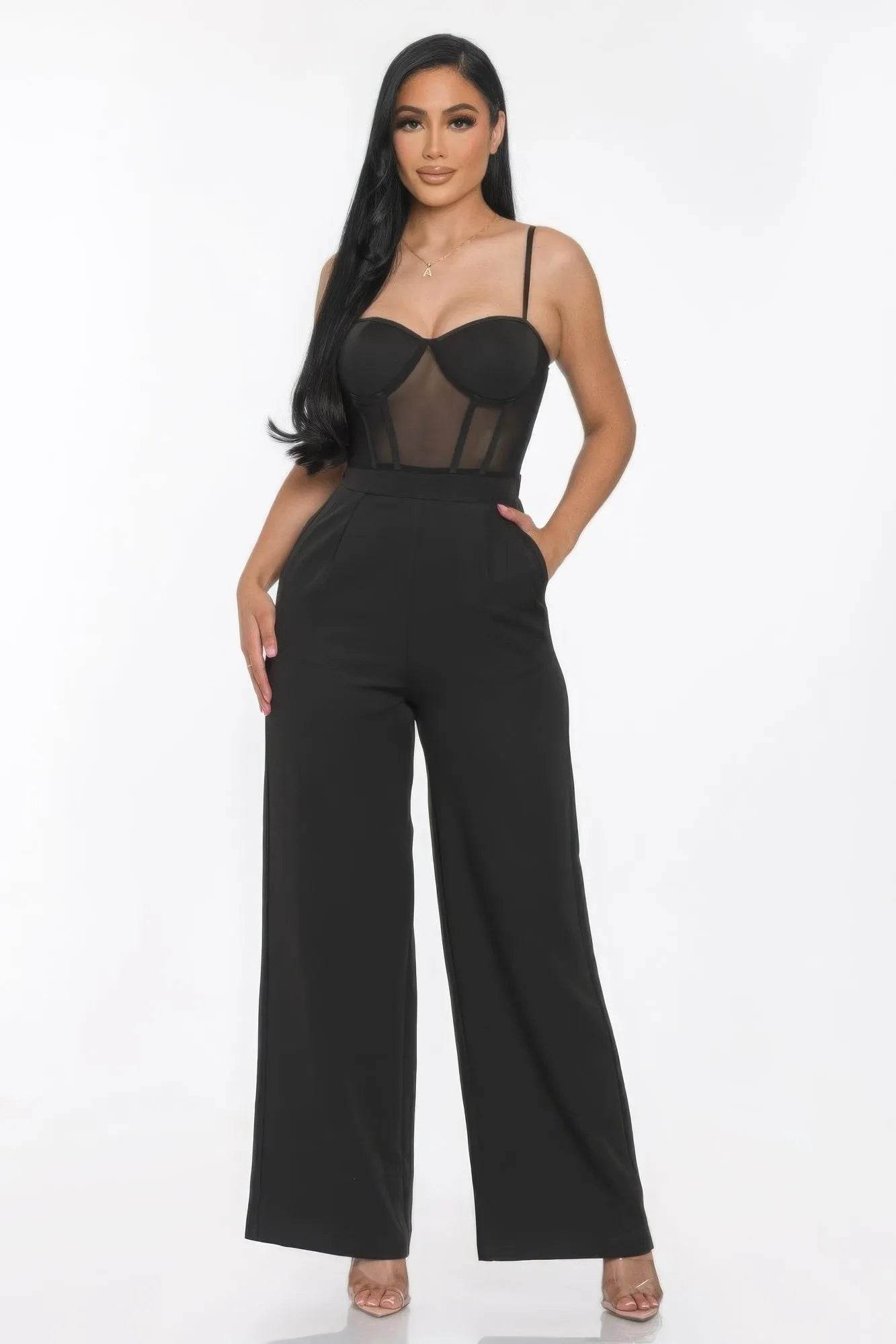 Mesh Insert Cup Wide Leg Jumpsuit - Bona Fide Fashion
