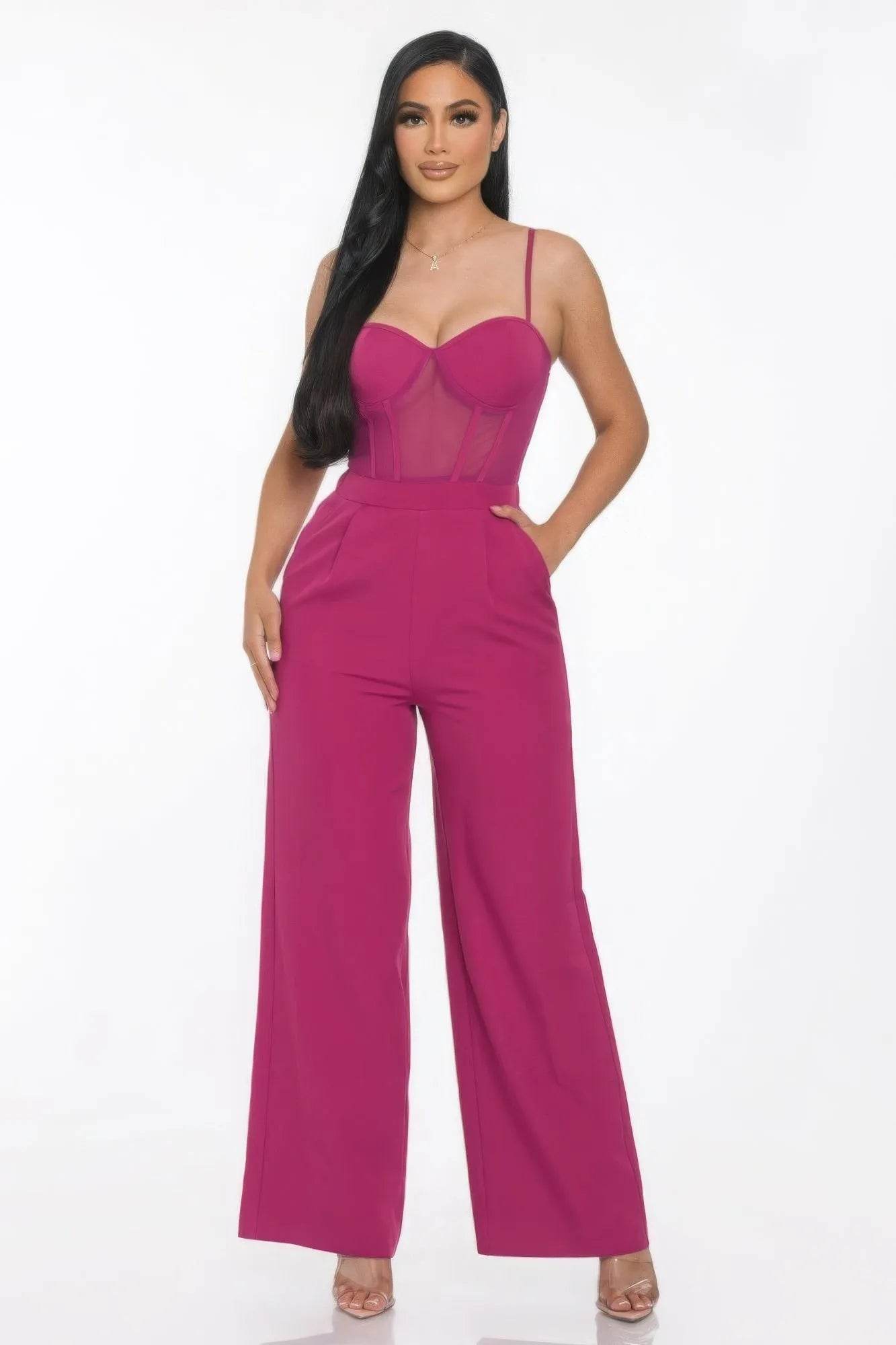 Mesh Insert Cup Wide Leg Jumpsuit - Bona Fide Fashion