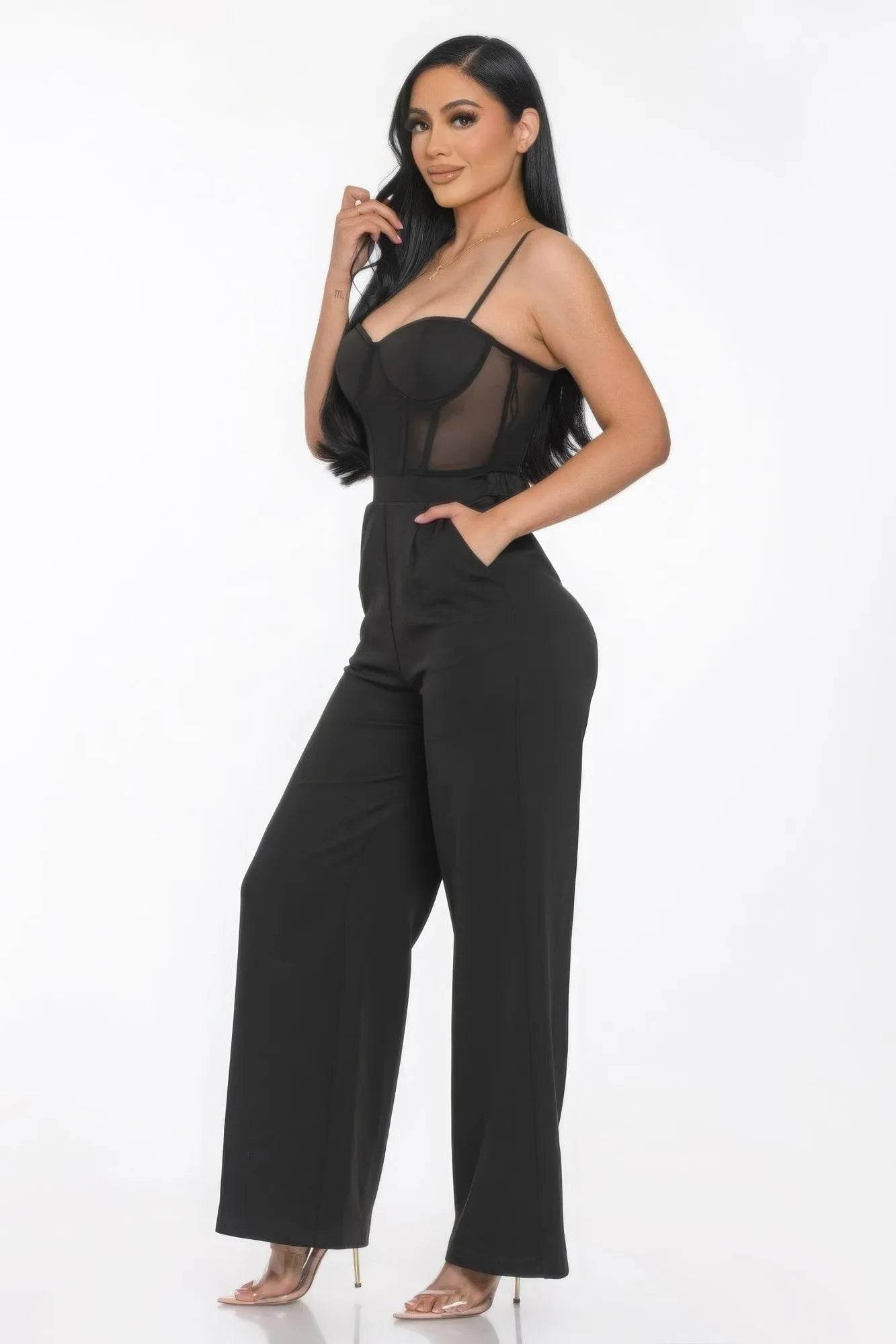 Mesh Insert Cup Wide Leg Jumpsuit - Bona Fide Fashion