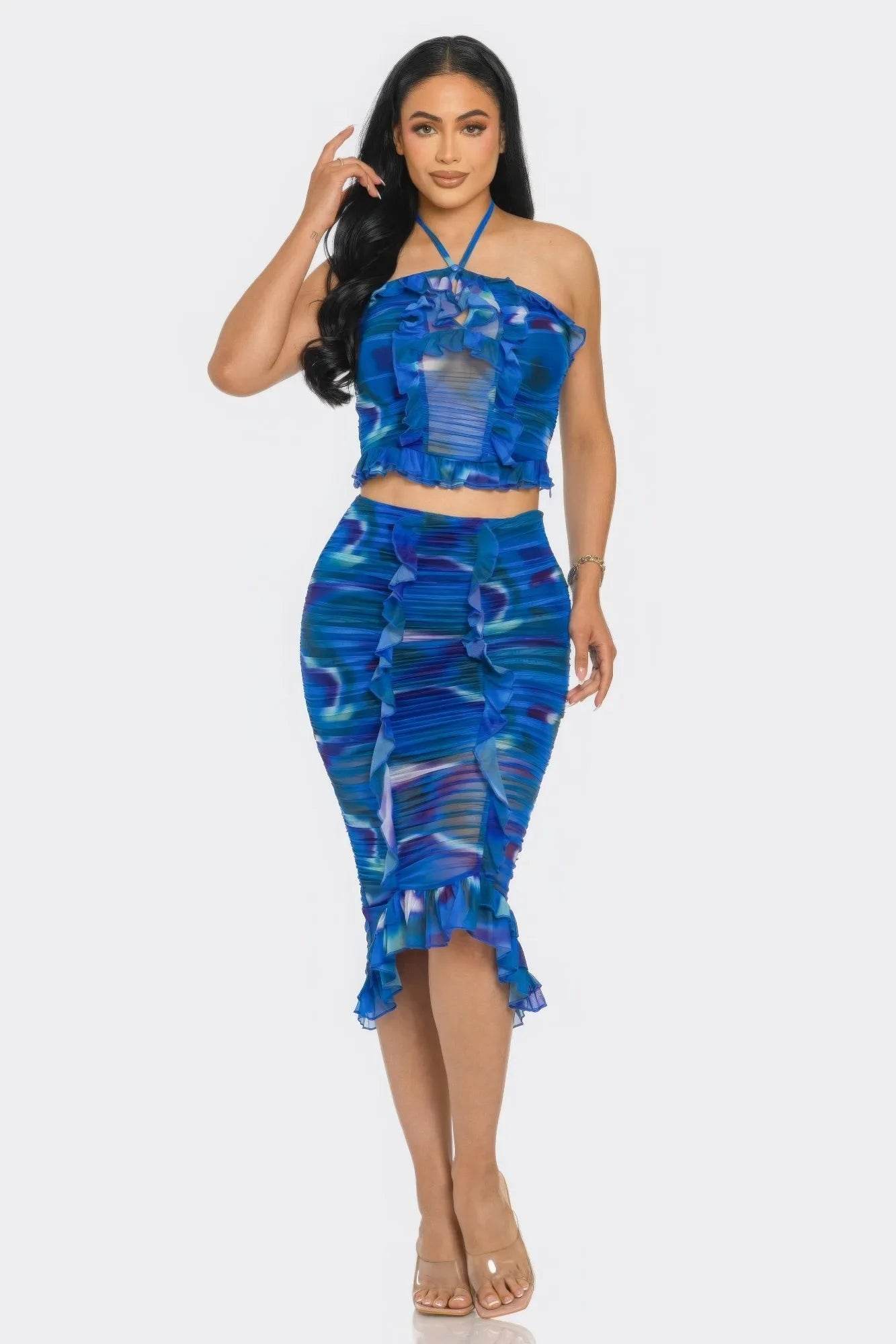 Tropical Waters Print Mesh Ruffle Halter Skirt Set - Bona Fide Fashion
