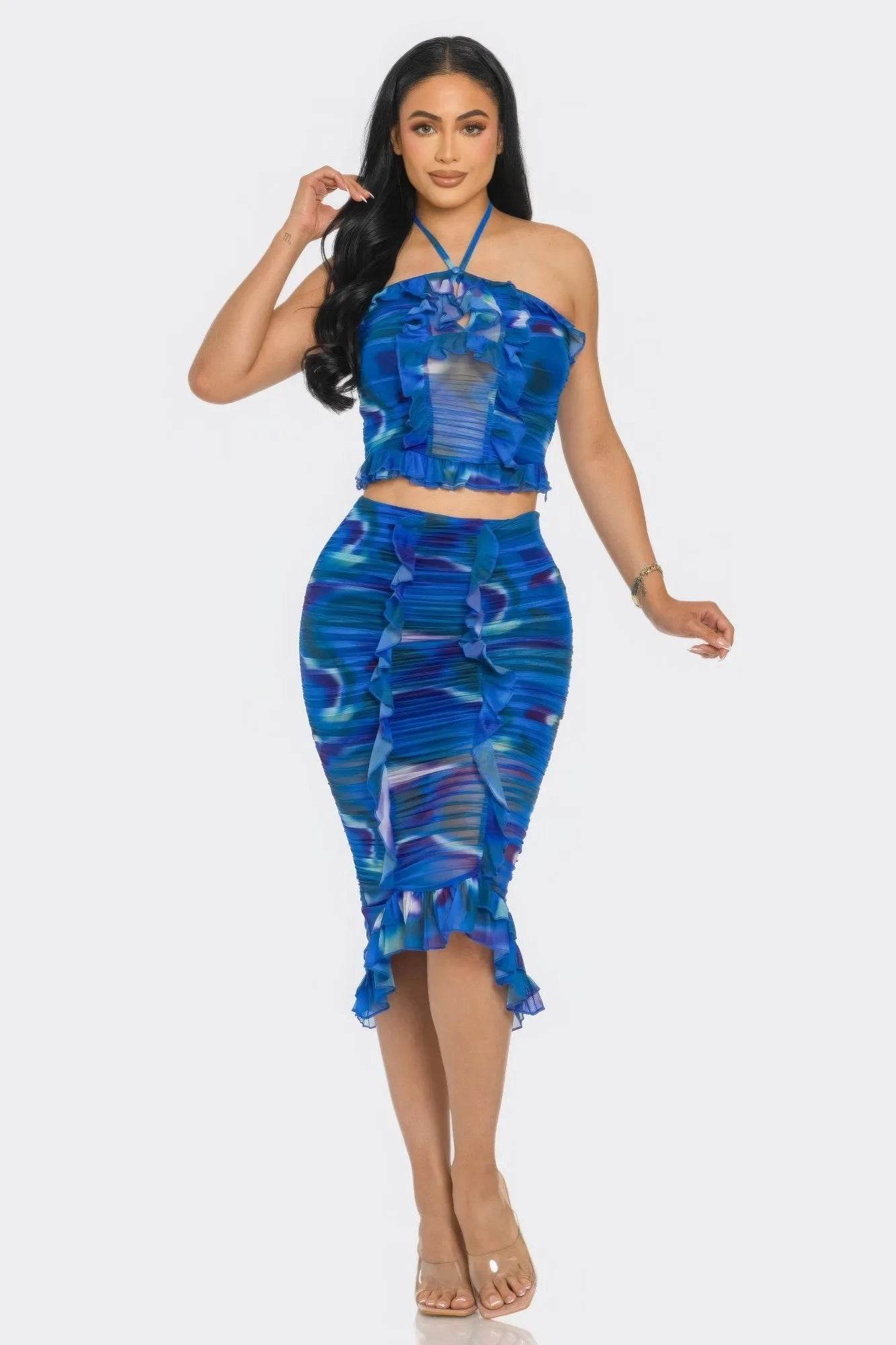 Tropical Waters Print Mesh Ruffle Halter Skirt Set - Bona Fide Fashion