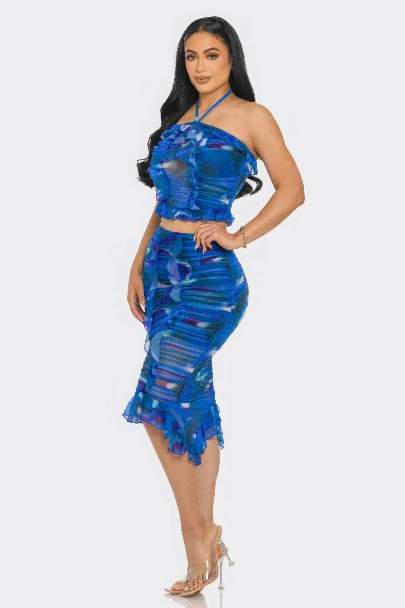 Tropical Waters Print Mesh Ruffle Halter Skirt Set - Bona Fide Fashion