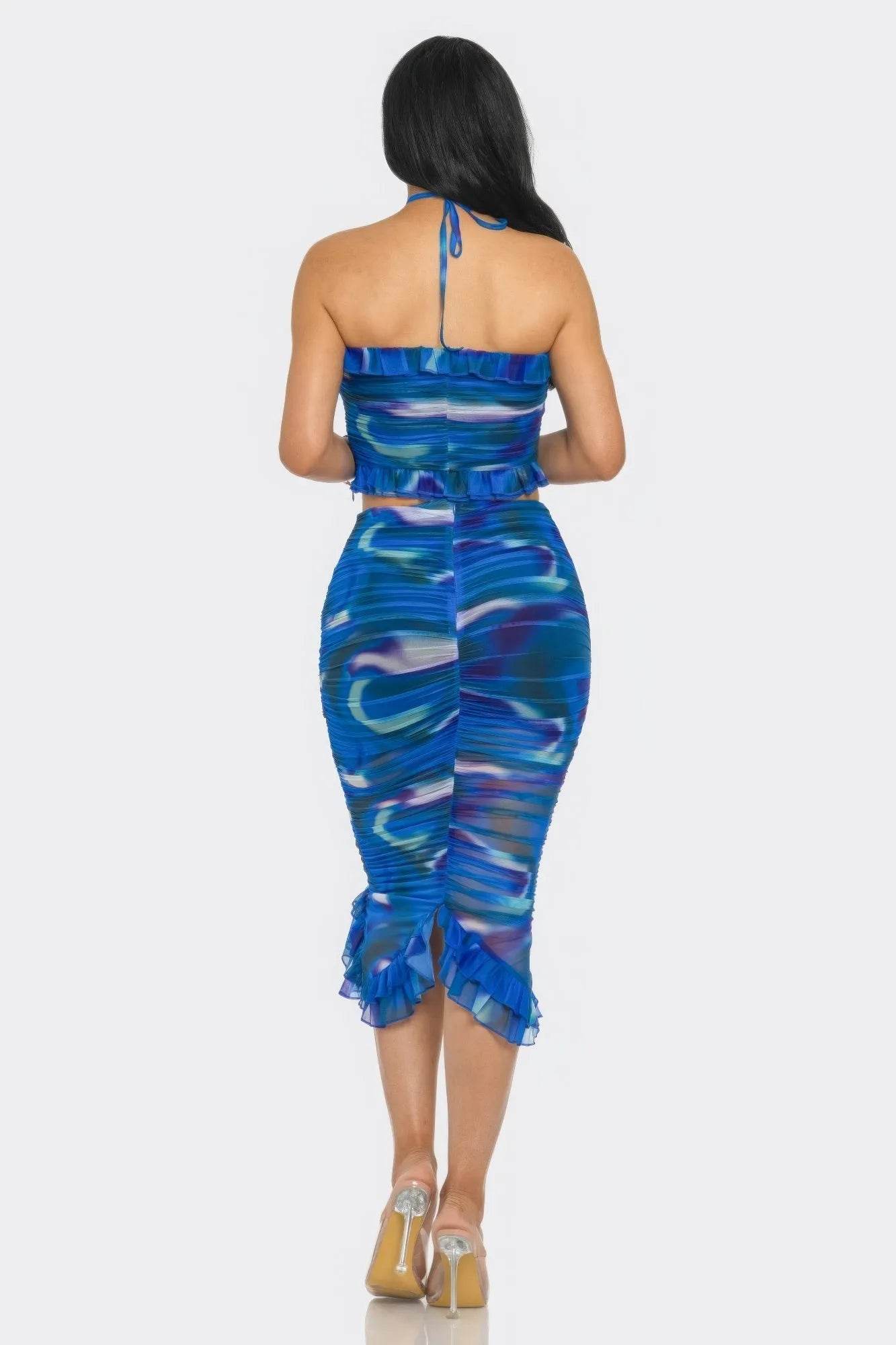 Tropical Waters Print Mesh Ruffle Halter Skirt Set - Bona Fide Fashion