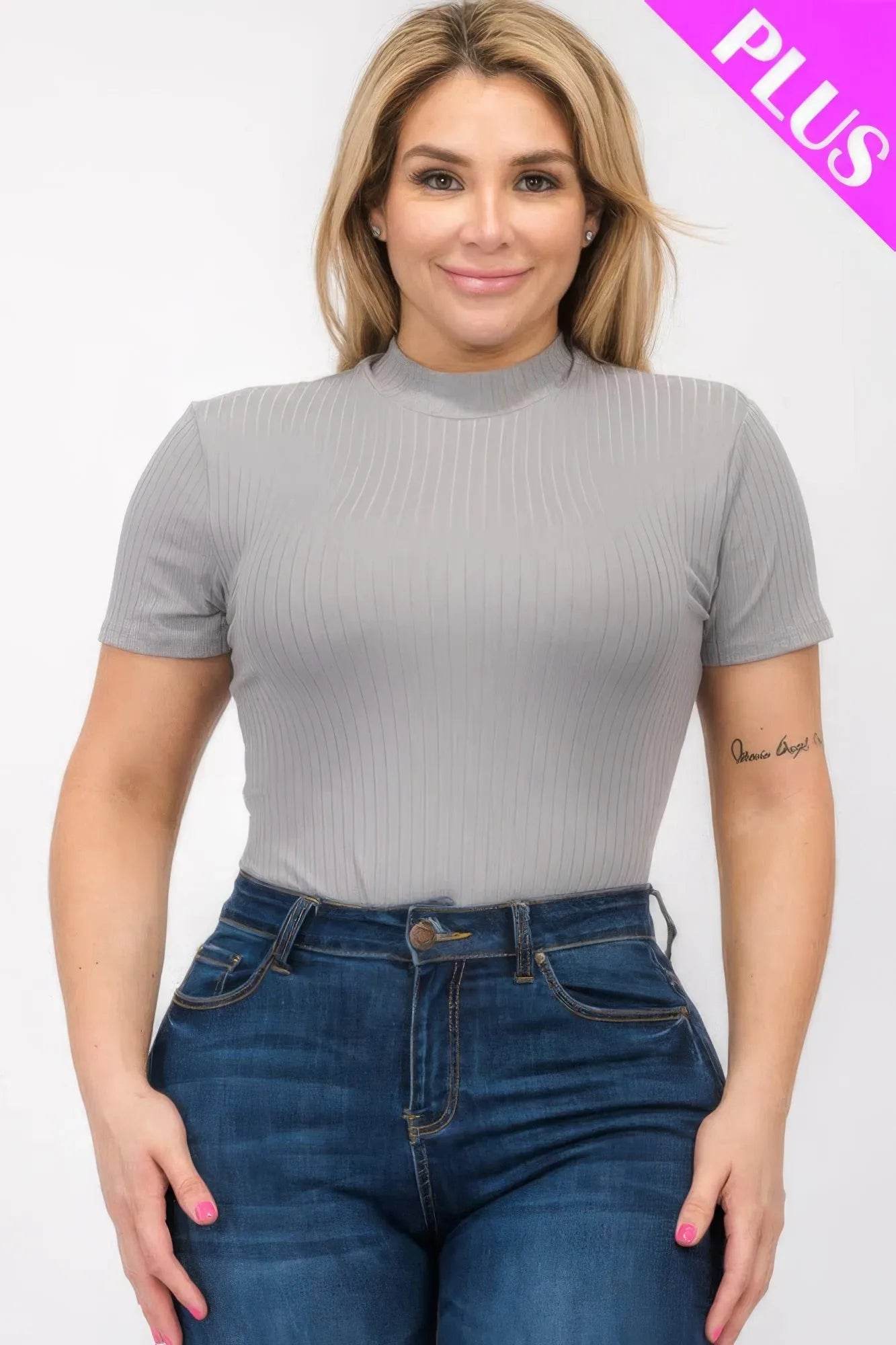 Plus Size Ribbed Short Sleeve Bodysuit - Bona Fide Fashion