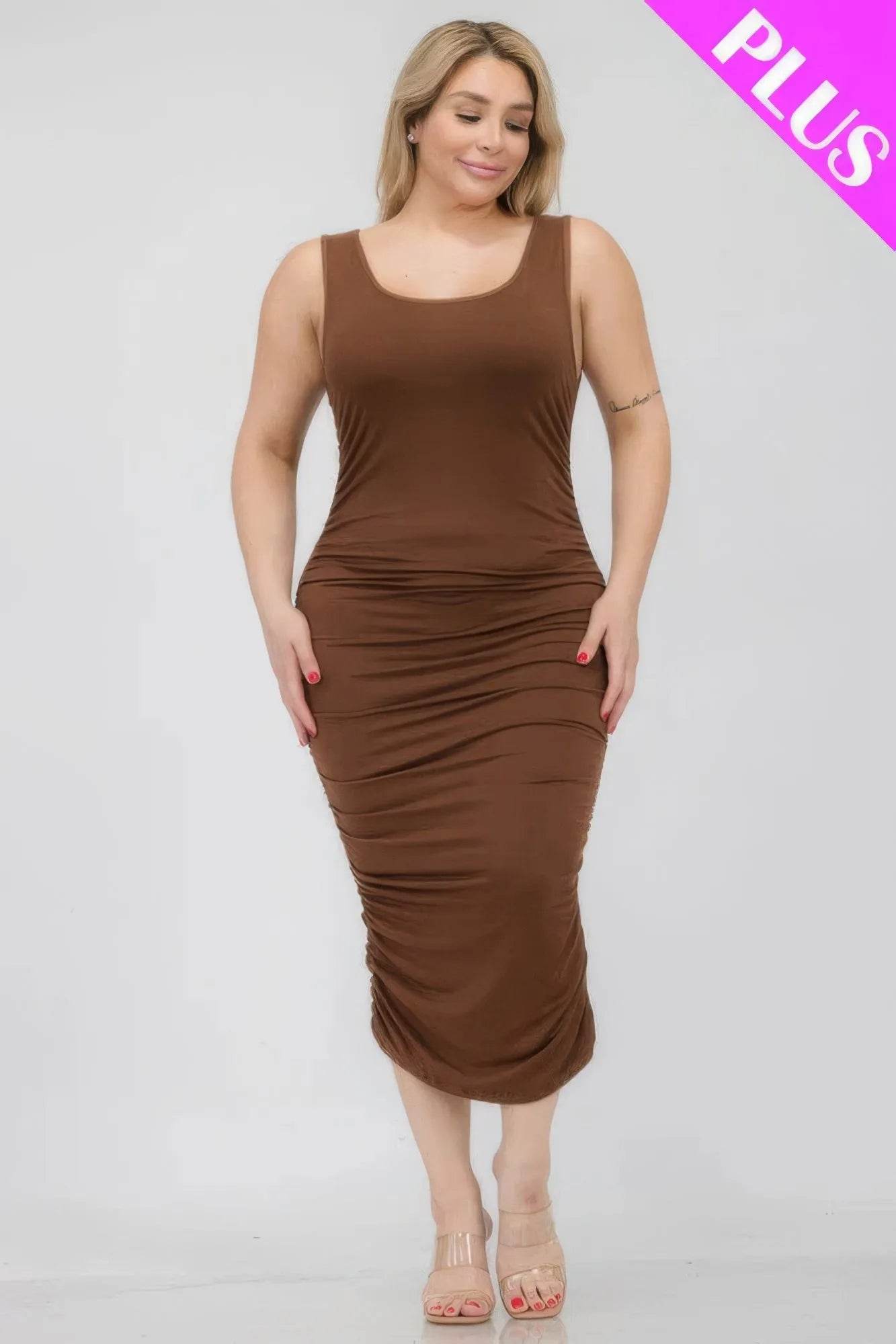 Plus Size Square Neck Ruched Bodycon Midi Dress - Bona Fide Fashion
